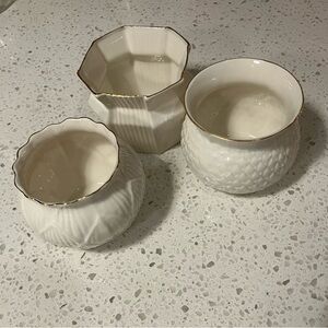 Belleek Ireland White Porcelain Dishes with gold trim.